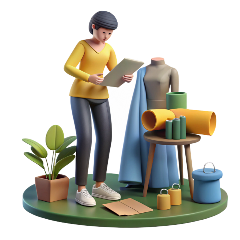 3D fashion designer with fabric, dress form, and sewing tools.
