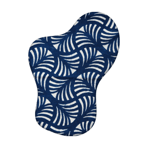 Abstract navy blue and white fabric with curved leaf-like geometric patterns.