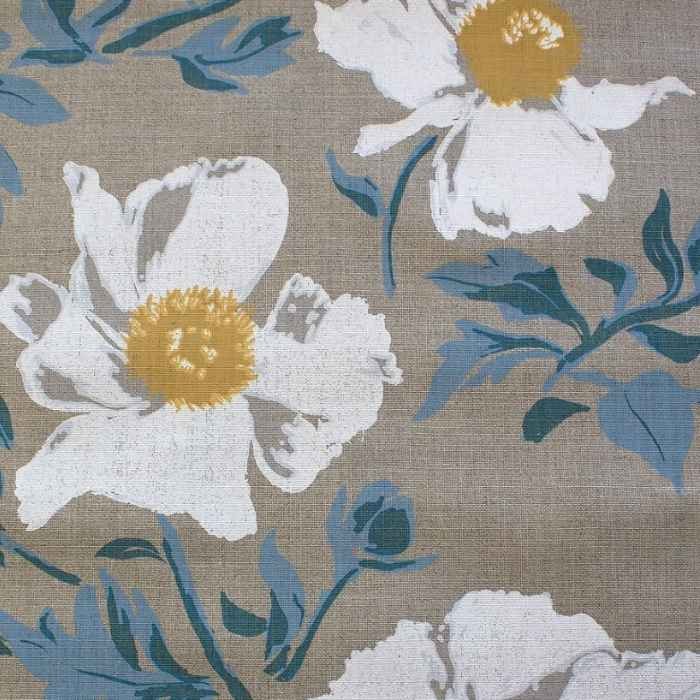 White floral screen print on beige fabric.