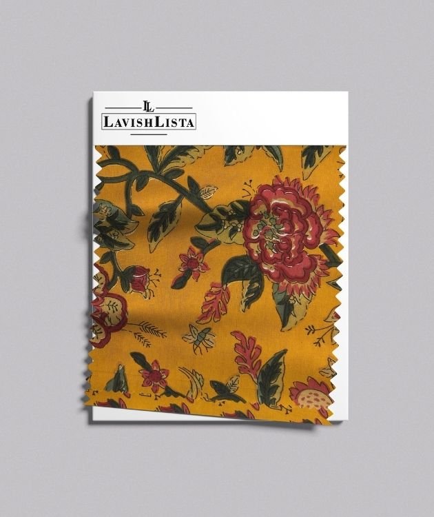 Mustard yellow floral cotton blend fabric sample