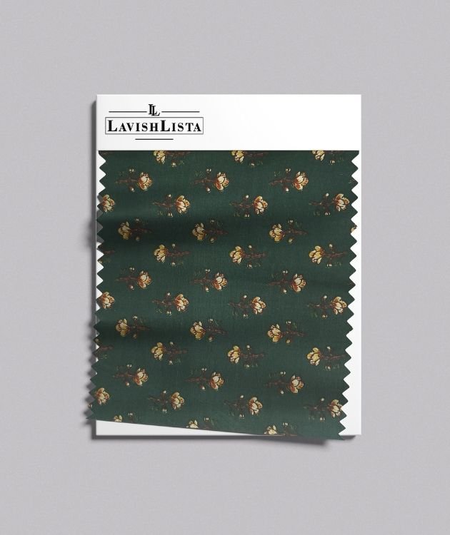 Dark green cotton blend fabric with small floral print