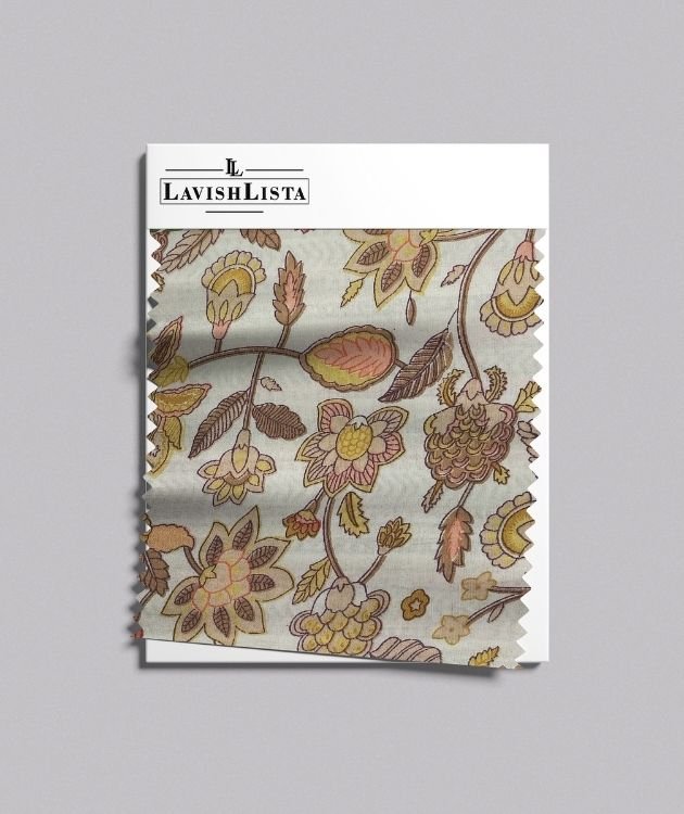 Beige floral printed cotton blend fabric