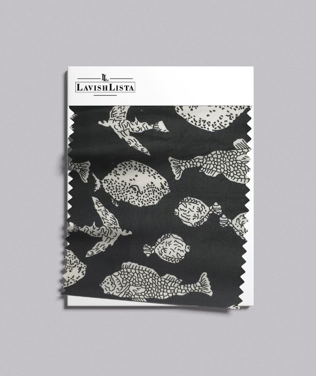 Black cotton fabric with white fish print – nautical theme