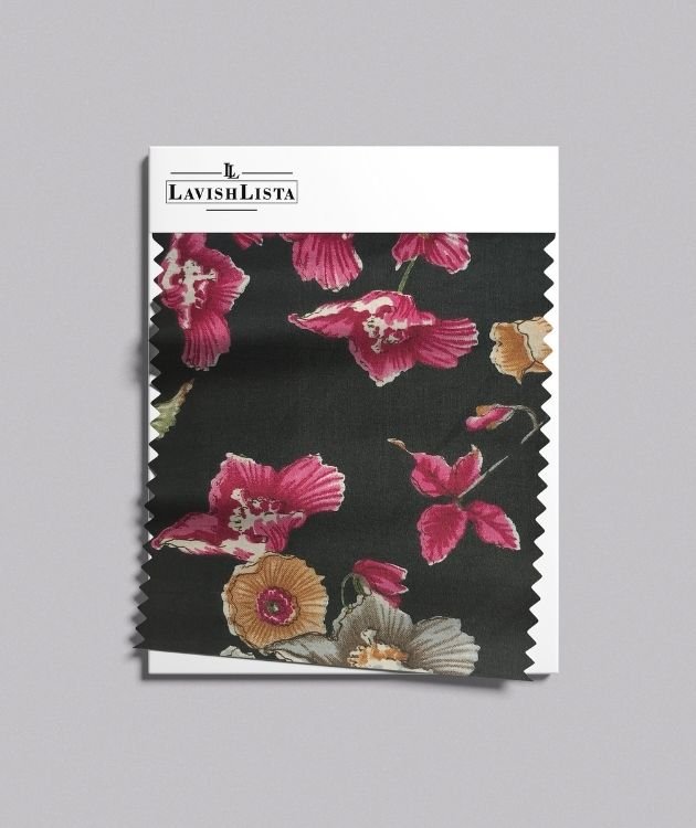 Black floral cotton blend fabric with pink and orange flowers