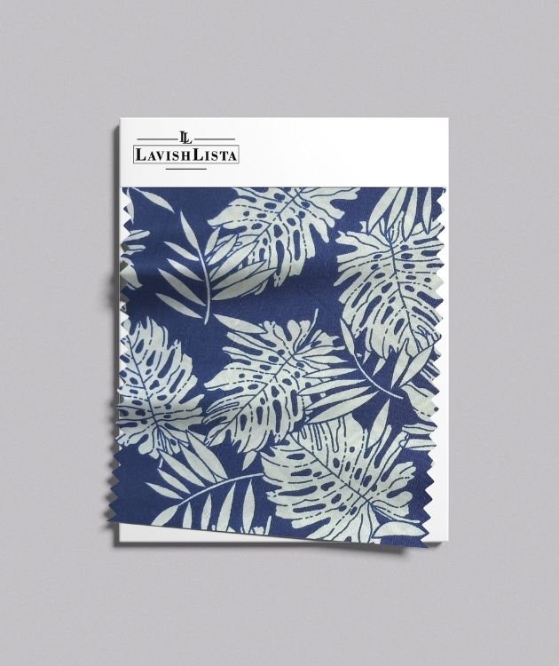 Blue Leaf Printed Cotton Blend Fabric