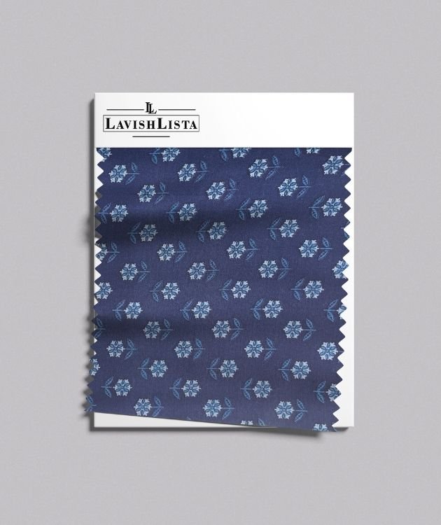Blue floral cotton blend fabric sample