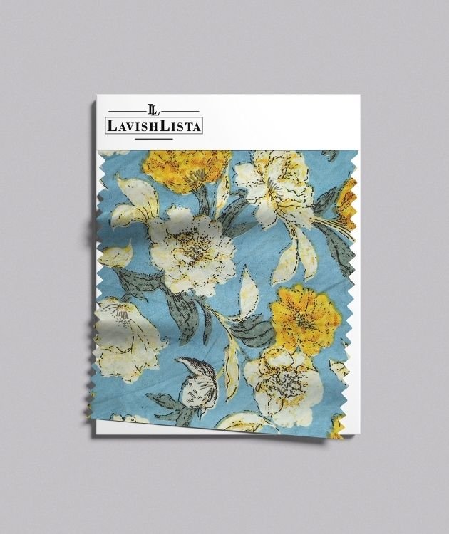 Blue floral cotton blend fabric swatch