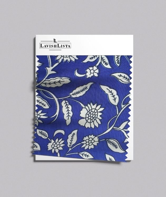 Blue floral cotton blend fabric swatch