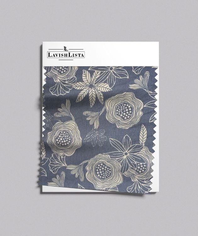 Blue floral printed cotton blend fabric