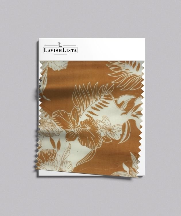 Brown and cream floral printed cotton blend fabric