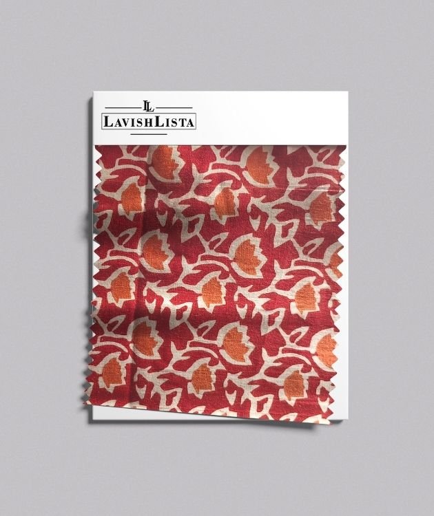 Brown and orange traditional floral cotton blend fabric swatch