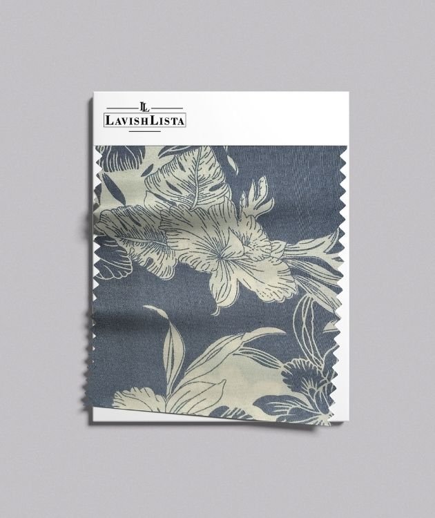 Dusty blue cotton blend fabric with cream floral print