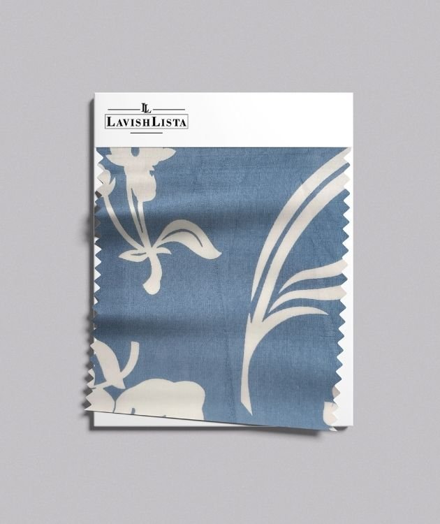 Dusty blue cotton fabric with white floral botanical print
