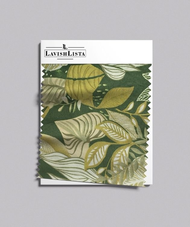 Green and beige leaf print cotton blend fabric