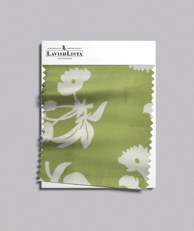 Green cotton fabric with white tropical floral print