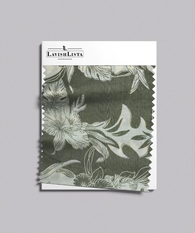 Green floral cotton blend fabric with white print