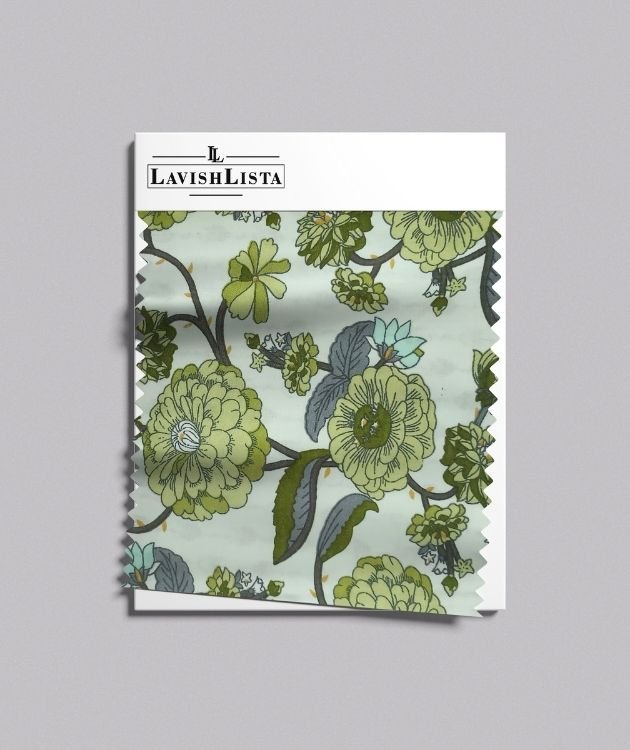 Green floral printed cotton blend fabric