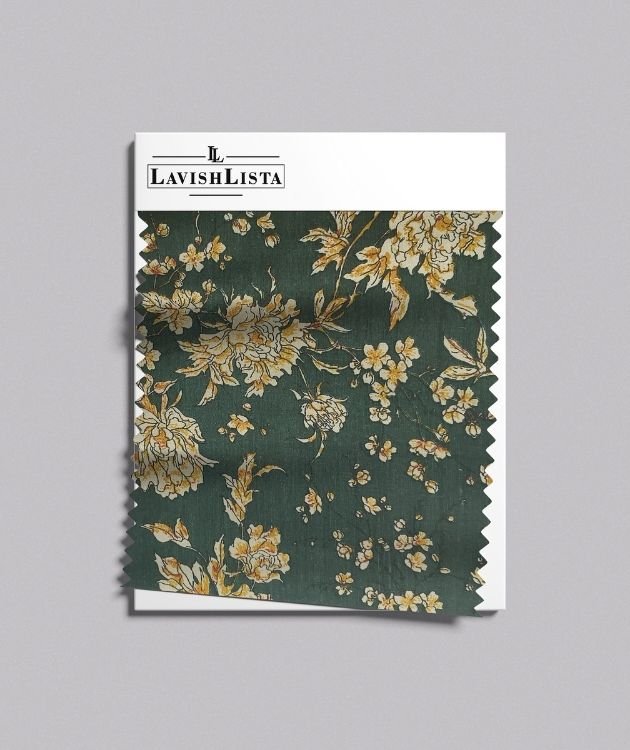 Green floral printed cotton blend fabric sample