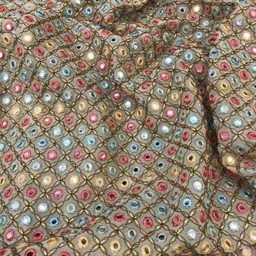 Grey mirror work Embroidery Fabric Grey mirror work Embroidery Fabric