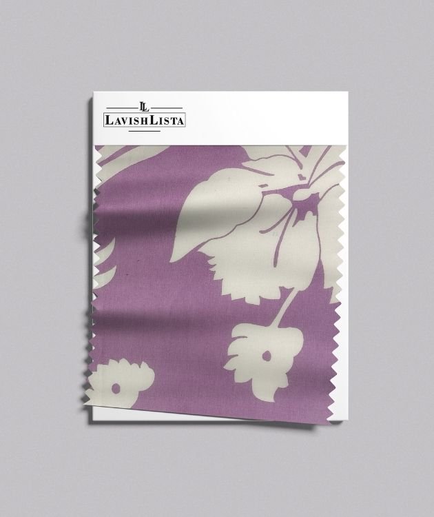Lavender cotton fabric with bold white floral hibiscus print