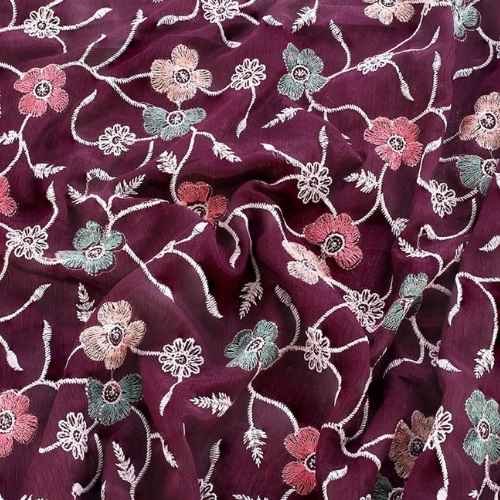 Maroon Thread work Embroidery Fabric