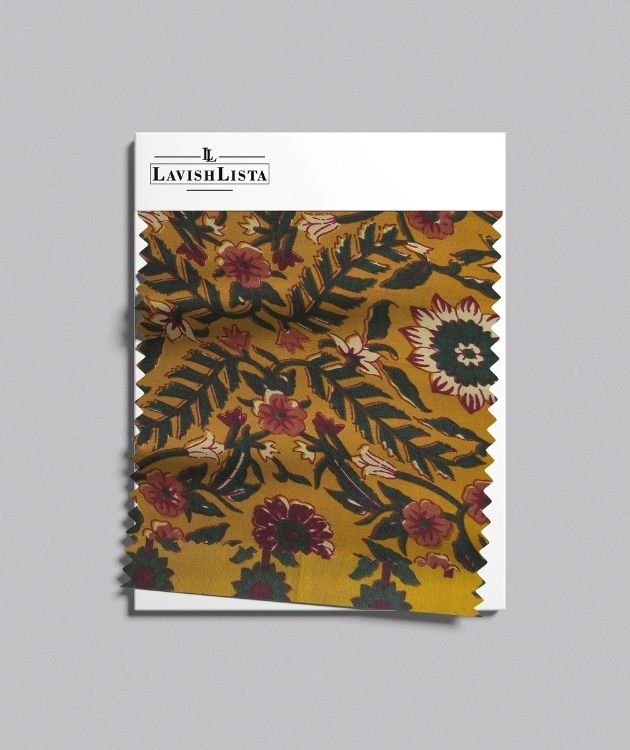 Mustard Yellow Floral Cotton Blend Fabric