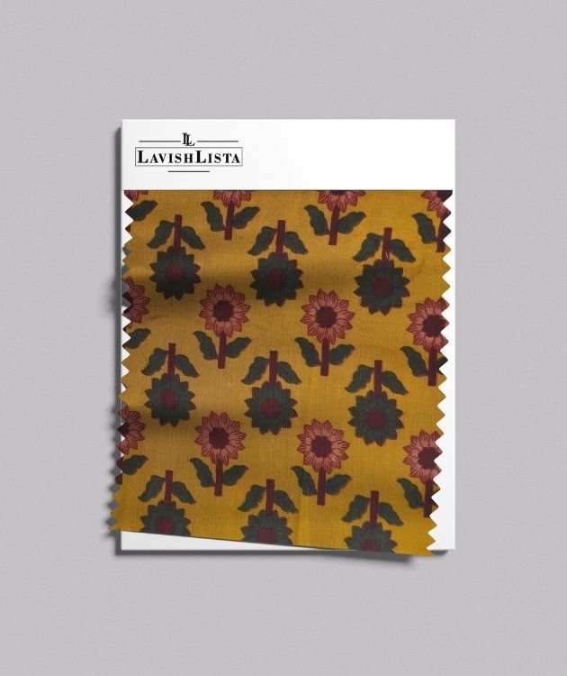 Mustard Yellow Sunflower Printed Cotton Blend Fabric