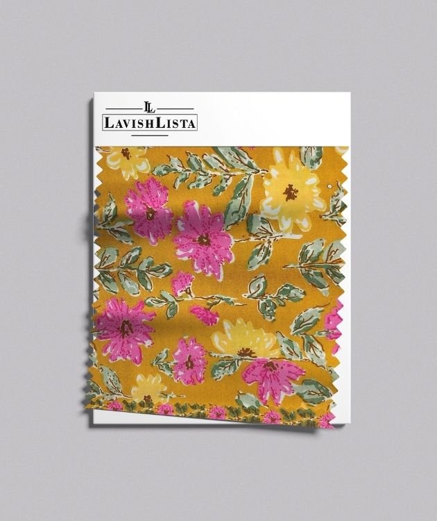 Mustard yellow cotton blend fabric with pink floral print
