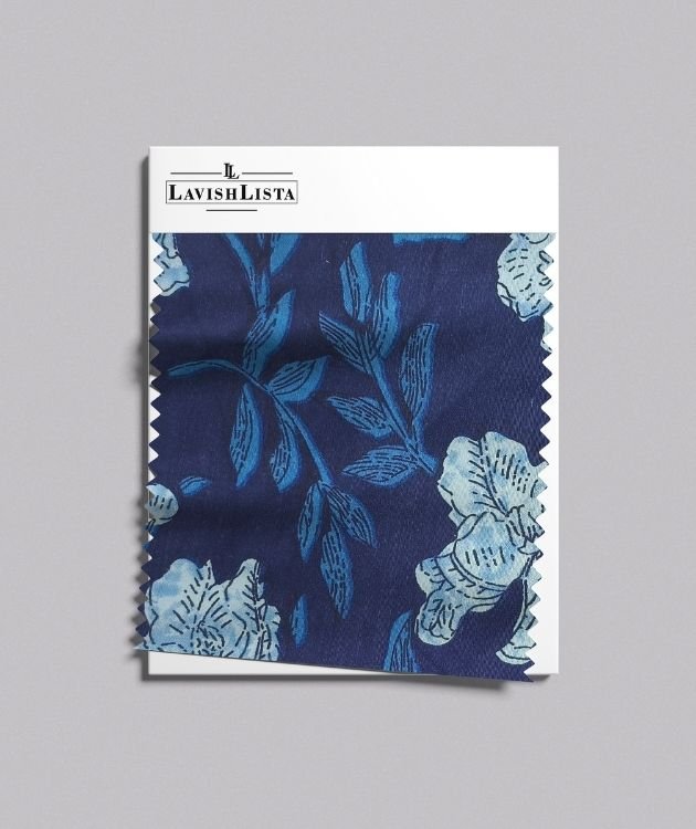 Navy blue cotton blend fabric with blue floral and leaf print
