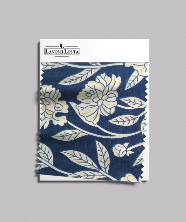 Navy blue cotton blend fabric with cream and gold floral print