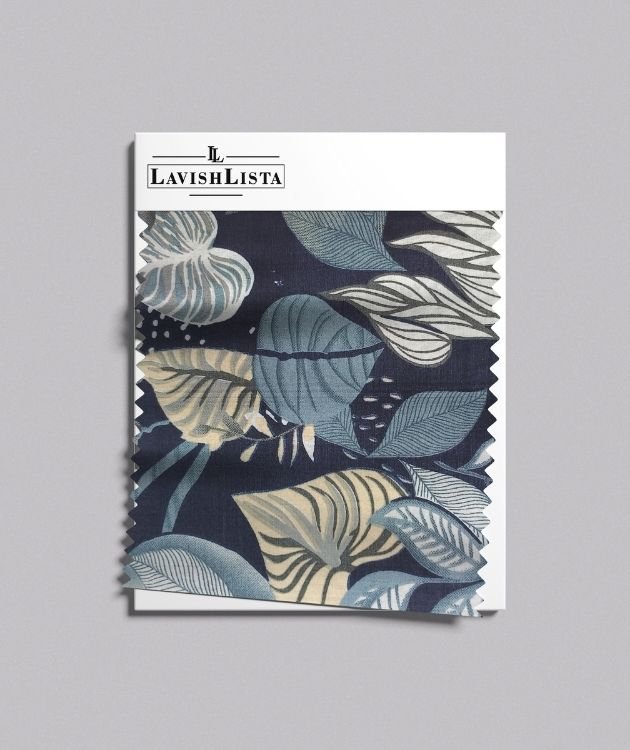 Navy blue cotton blend fabric with tropical leaf print