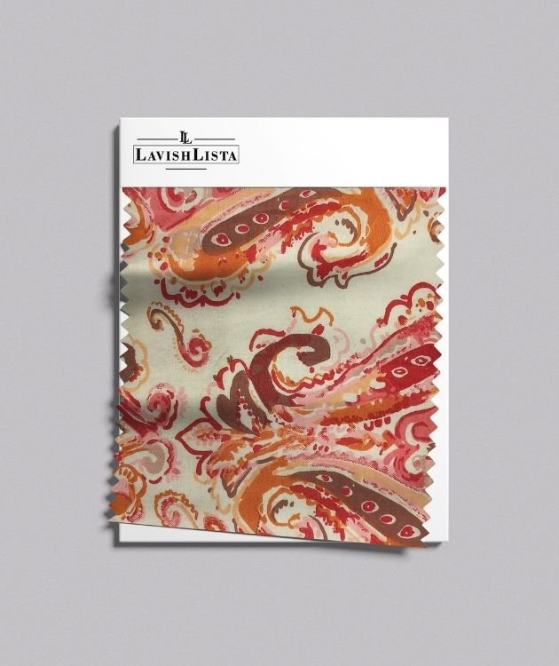 Paisley cotton blend fabric swatch with red and orange pattern