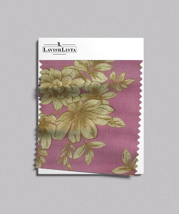 Pink floral cotton blend fabric with yellow print