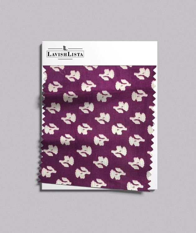 Purple cotton blend fabric swatch with white floral pattern