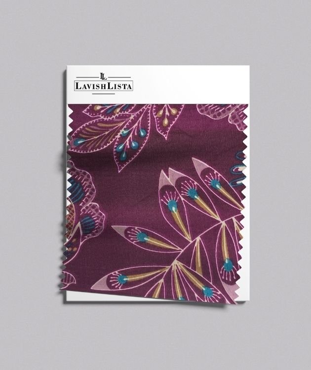 Purple feather print cotton blend fabric