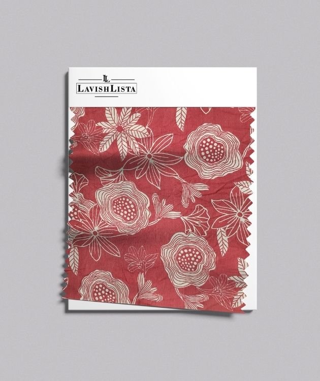 Red floral printed cotton blend fabric
