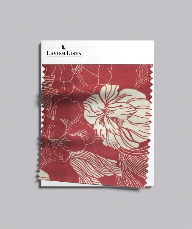 Rust red and beige floral cotton blend fabric sample