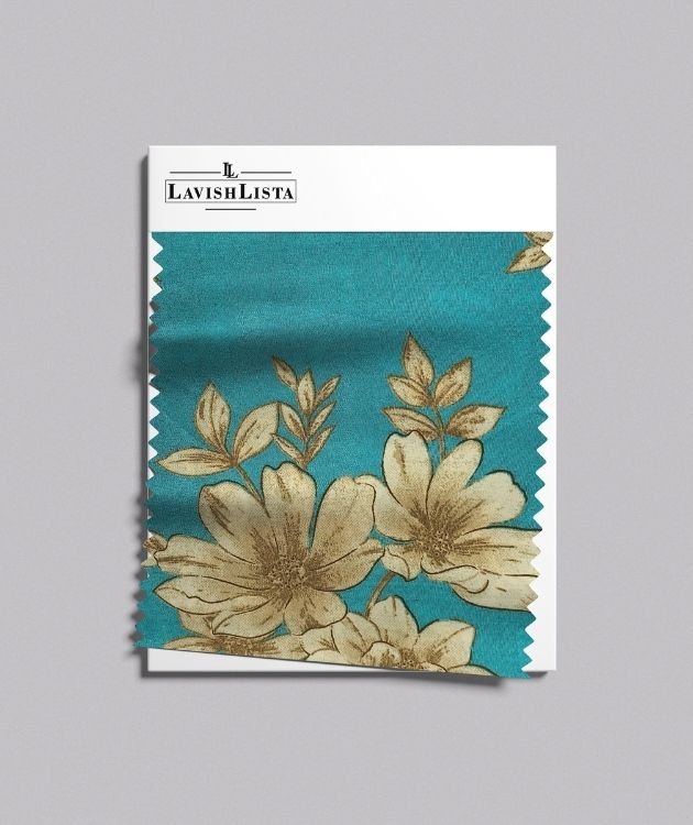 Turquoise cotton blend fabric with beige floral print