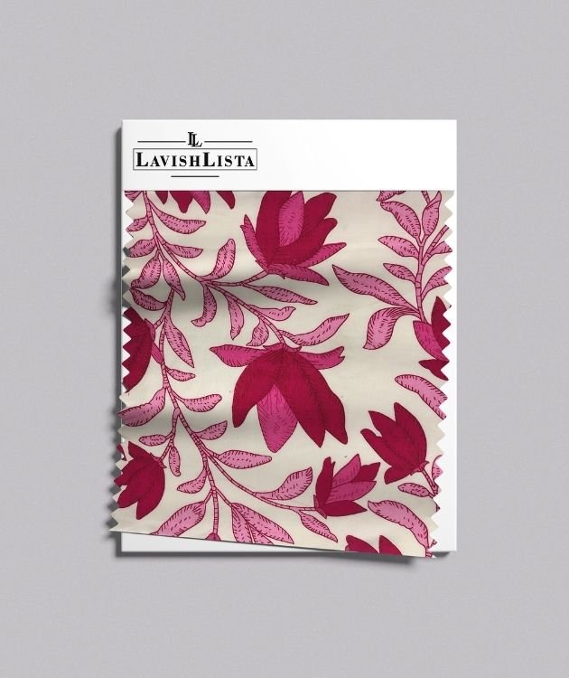 White cotton blend fabric with vibrant pink floral print