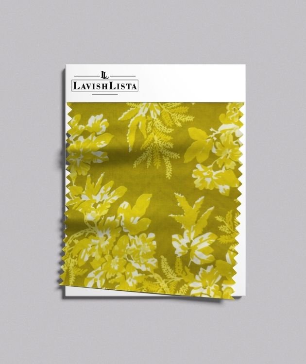 Yellow floral printed cotton blend fabric