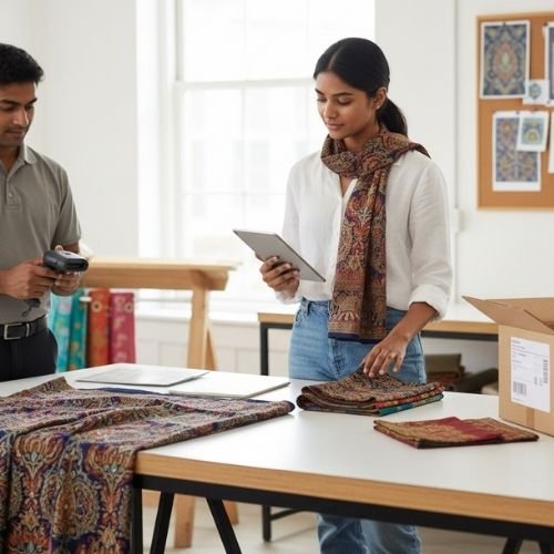 A woman examines embroidered fabric samples while a man scans a package in a lavishlista fabrics A woman examines embroidered fabric samples while a man scans a package in a lavishlista fabrics