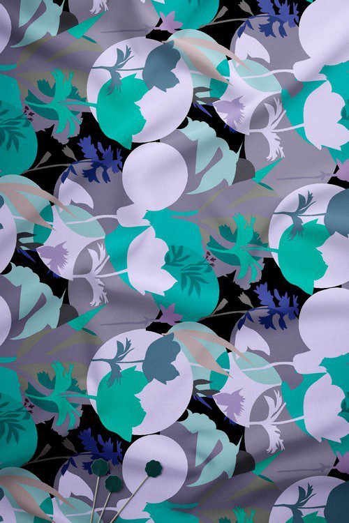 Modern abstract floral digital print fabric in teal and grey tones