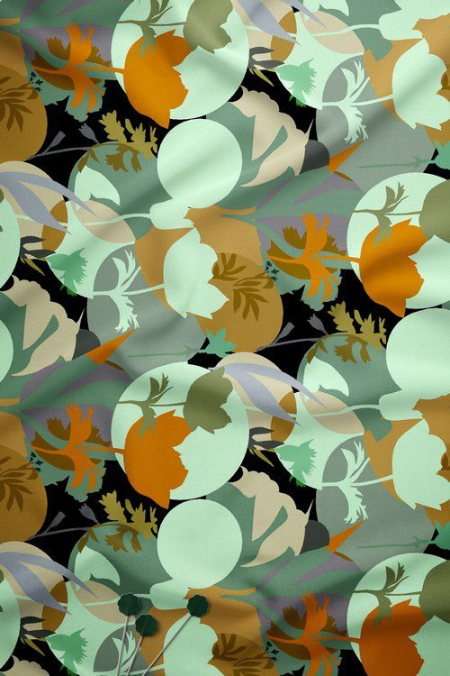 Abstract botanical digital print fabric in sage green and olive tones
