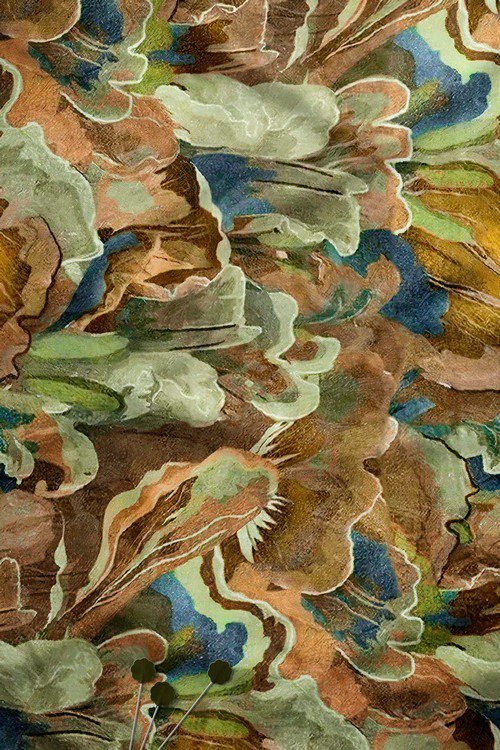 Artistic botanical abstract digital print fabric in earthy green and brown tones
