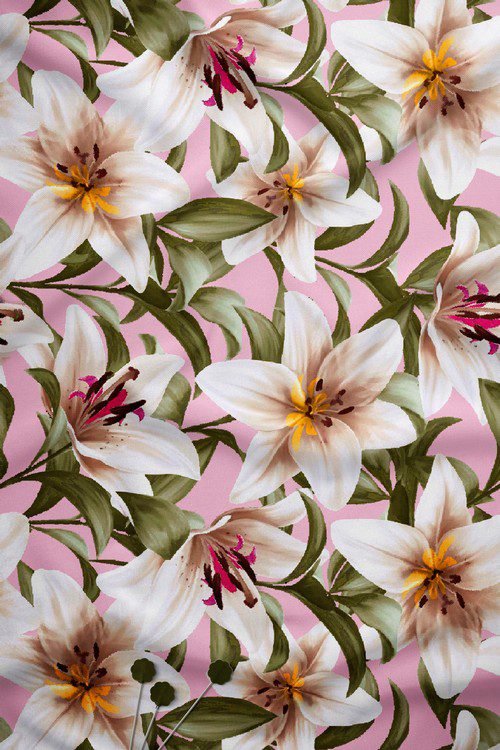Lily floral digital print fabric with ivory flowers on pink background