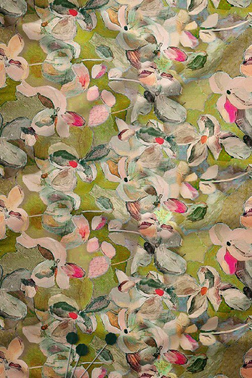 Watercolor floral digital print fabric in pastel tones on green base