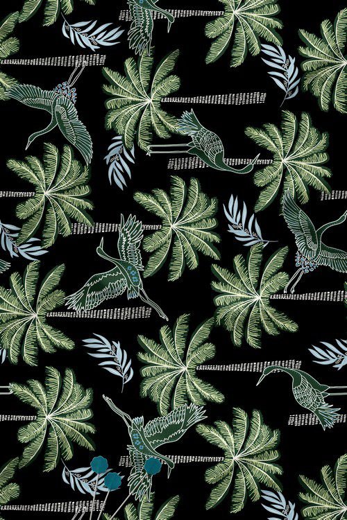 Contemporary tropical bird and palm digital print fabric on black base