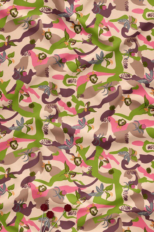 Contemporary abstract botanical digital print fabric in soft multicolor palette