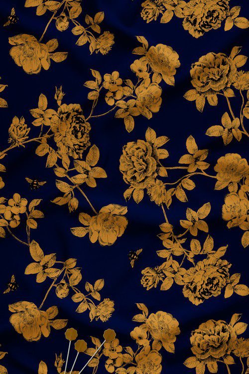 Luxury botanical floral digital print fabric in antique gold on navy blue base
