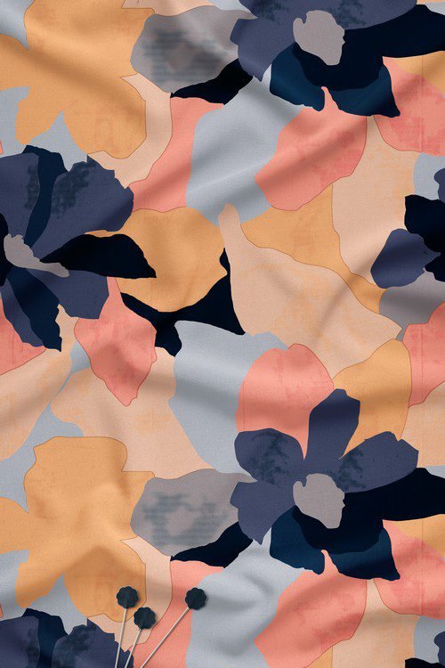 Abstract floral digital print fabric in peach, navy and grey tones